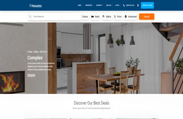 Houzez real estate listings website UI