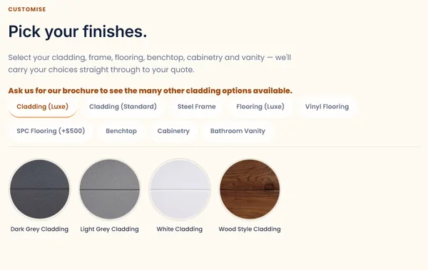 Pick your finishes configurator with tabs for cladding, frame, flooring, benchtop, cabinetry and vanity, and colour swatches