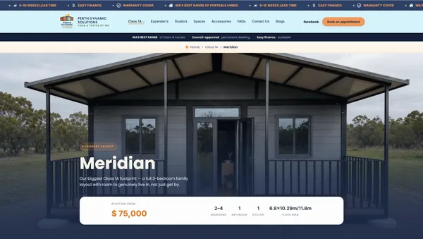 Meridian product detail page with price, bedrooms, bathroom and floor area